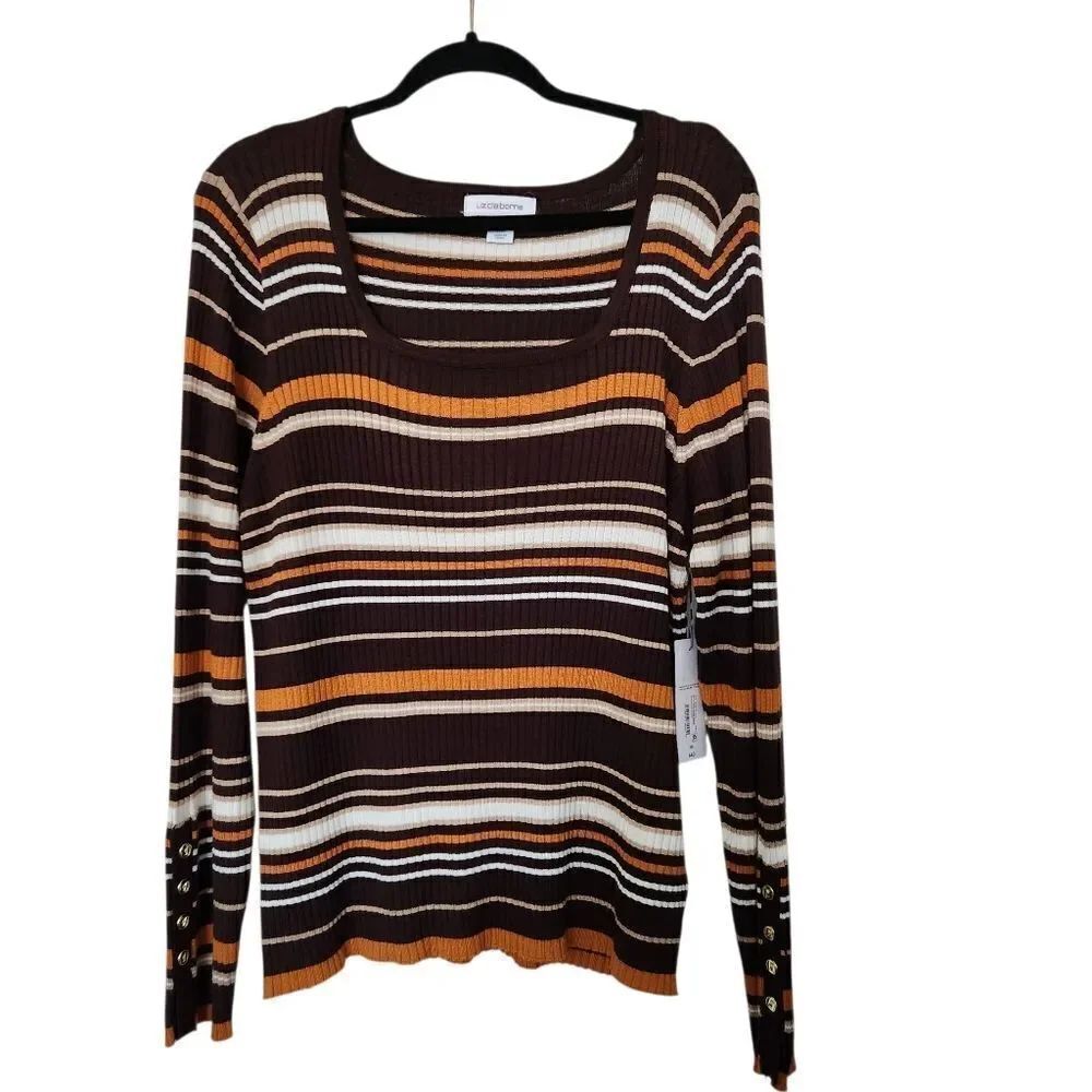 Liz Claiborne Womens Ribbed Long Sleeve Striped Scoop Neck Sweater Size XXL